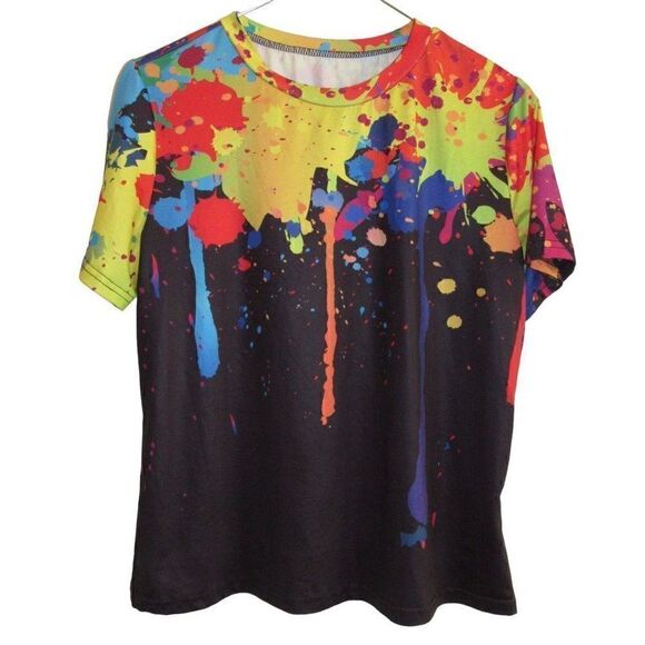 SHEIN Tops - Shein Black Paint Splatter Short Sleeve T-Shirt Athletic Top L